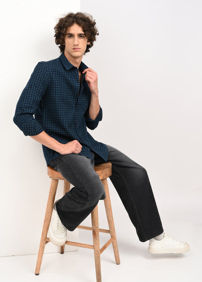 Indigo-Dyed 100% Cotton Check Shirt Lt Green