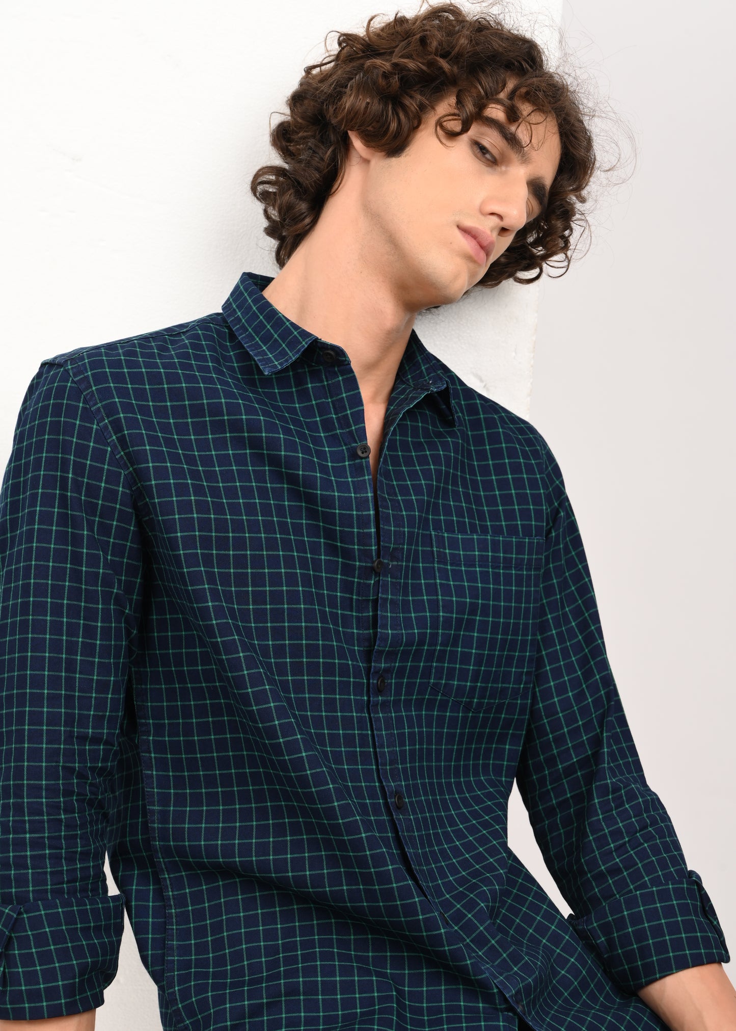 Indigo-Dyed 100% Cotton Check Shirt Lt Green