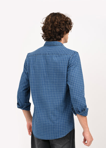 Indigo-Dyed 100% Cotton Check Shirt Blue