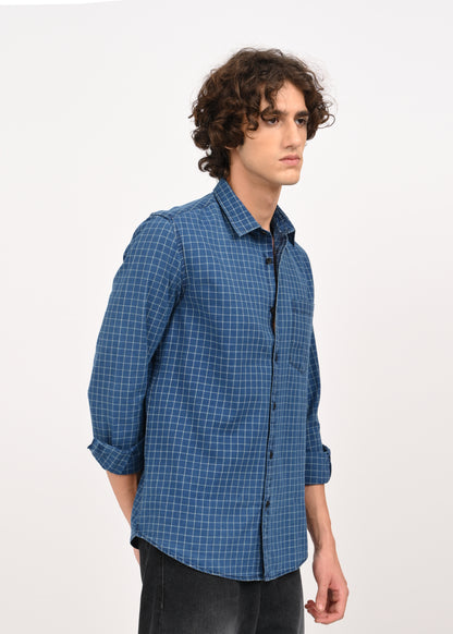 Indigo-Dyed 100% Cotton Check Shirt Blue