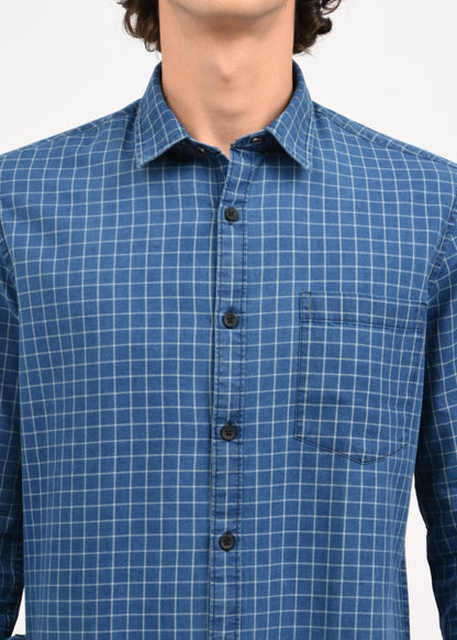 Indigo-Dyed 100% Cotton Check Shirt Blue