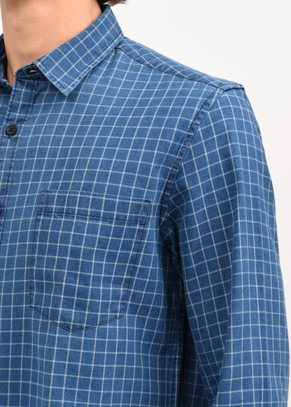 Indigo-Dyed 100% Cotton Check Shirt Blue