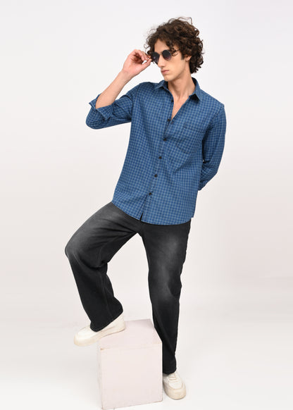 Indigo-Dyed 100% Cotton Check Shirt Blue