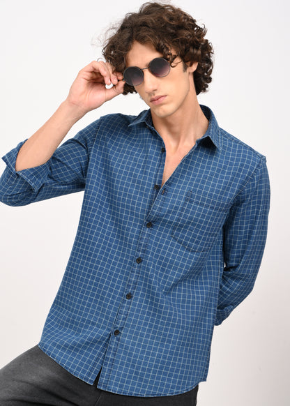 Indigo-Dyed 100% Cotton Check Shirt Blue