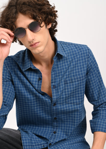 Indigo-Dyed 100% Cotton Check Shirt Blue