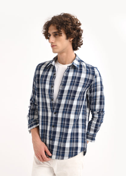 Textured Dobby Check Shirt Dk Navy