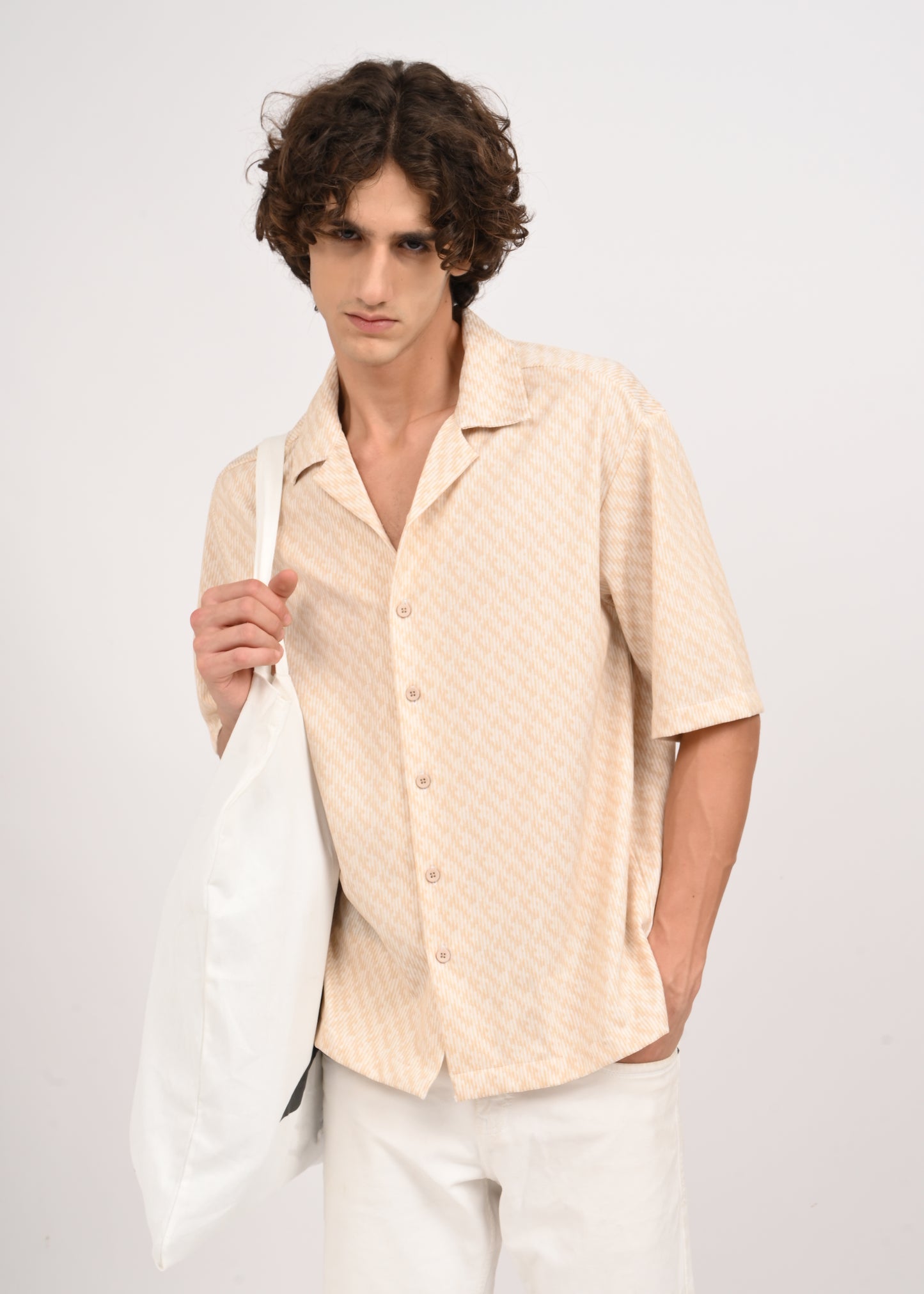 Cuban Collar Knitted Shirt Beige