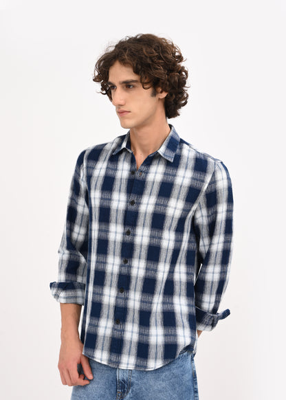 Textured Dobby Check Shirt Navy