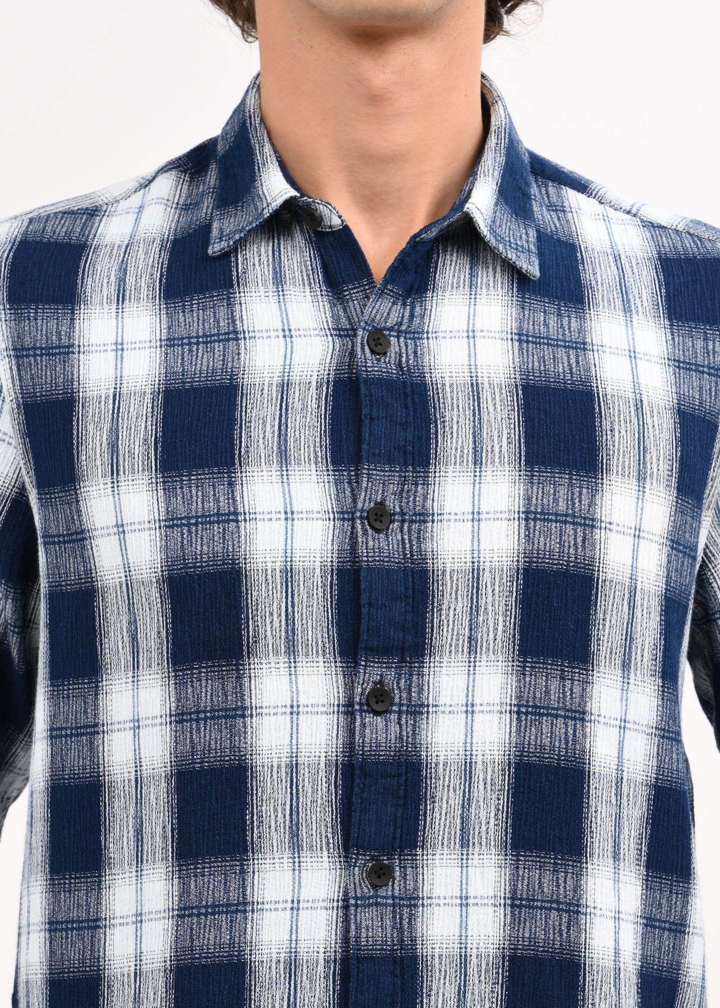 Textured Indigo Dobby Check Shirt Navy