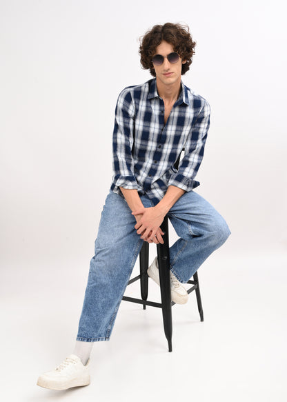 Textured Dobby Check Shirt Navy