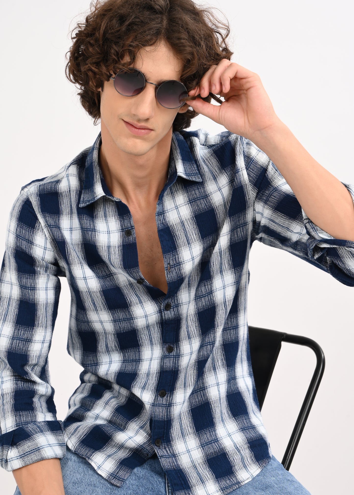Textured Indigo Dobby Check Shirt Navy