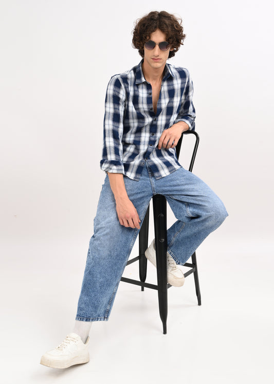 Textured Indigo Dobby Check Shirt Navy