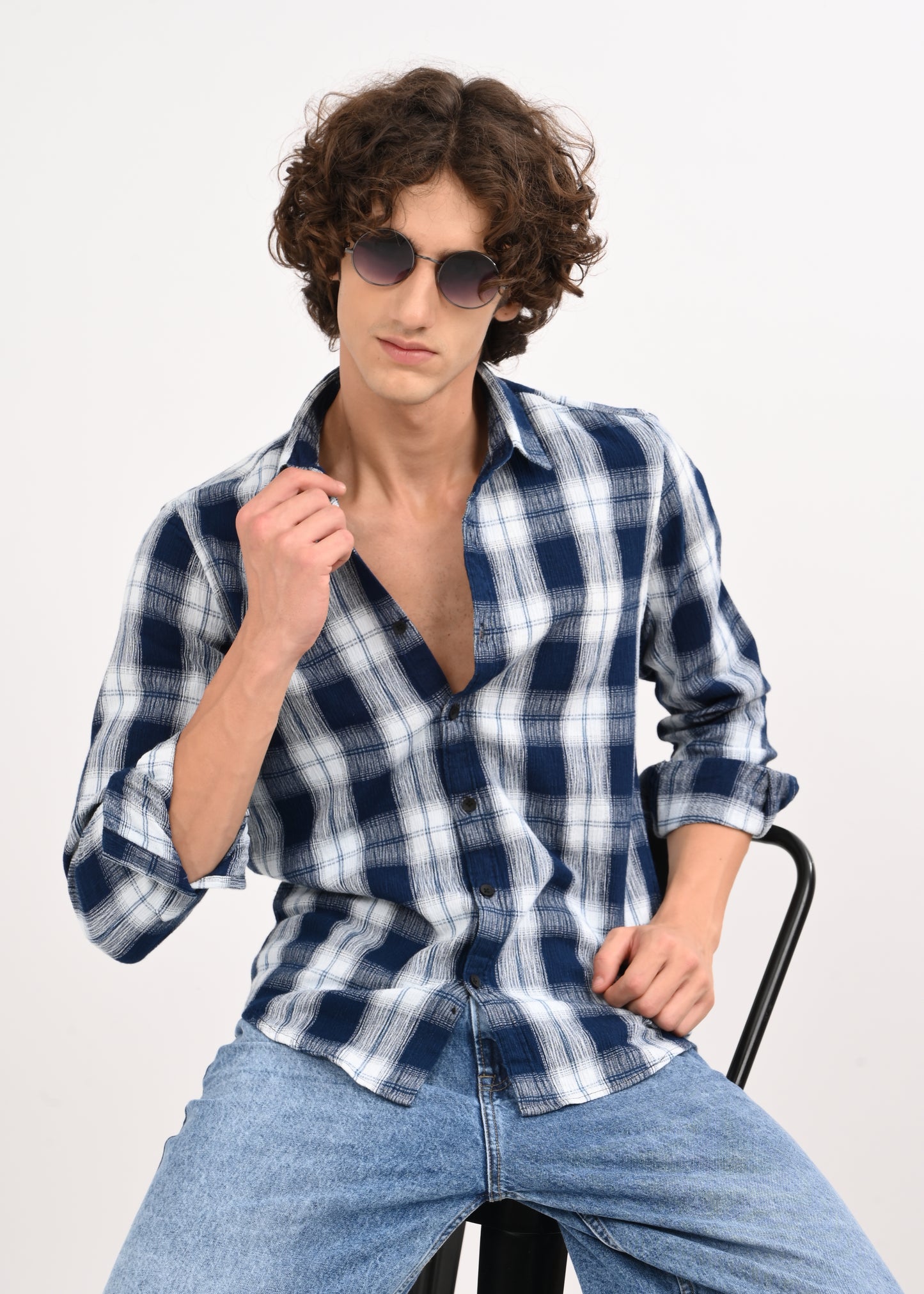 Textured Indigo Dobby Check Shirt Navy