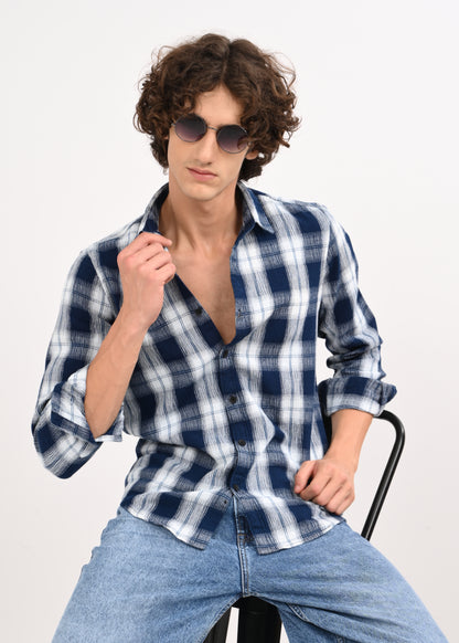 Textured Dobby Check Shirt Navy