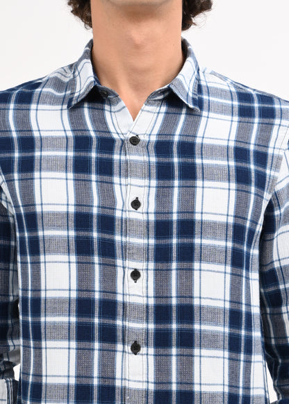 Textured Dobby Check Shirt Blue