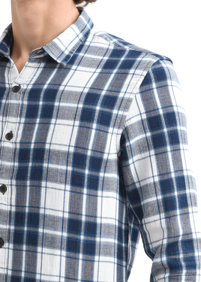 Textured Dobby Check Shirt Blue