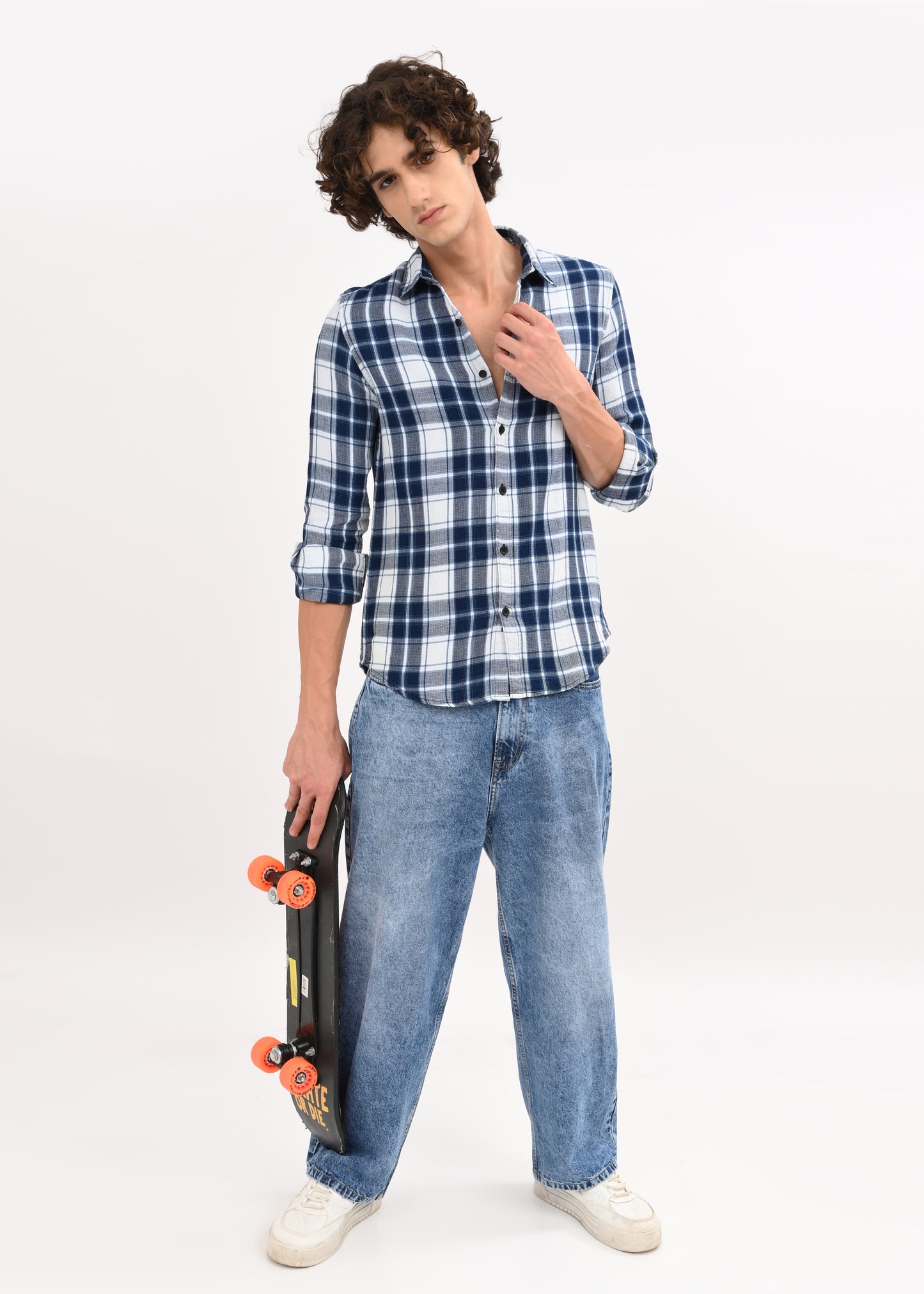 Textured Dobby Check Shirt Blue