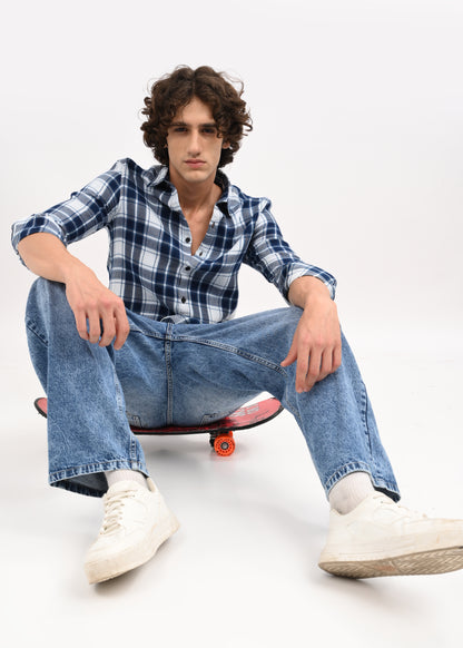 Textured Dobby Check Shirt Blue