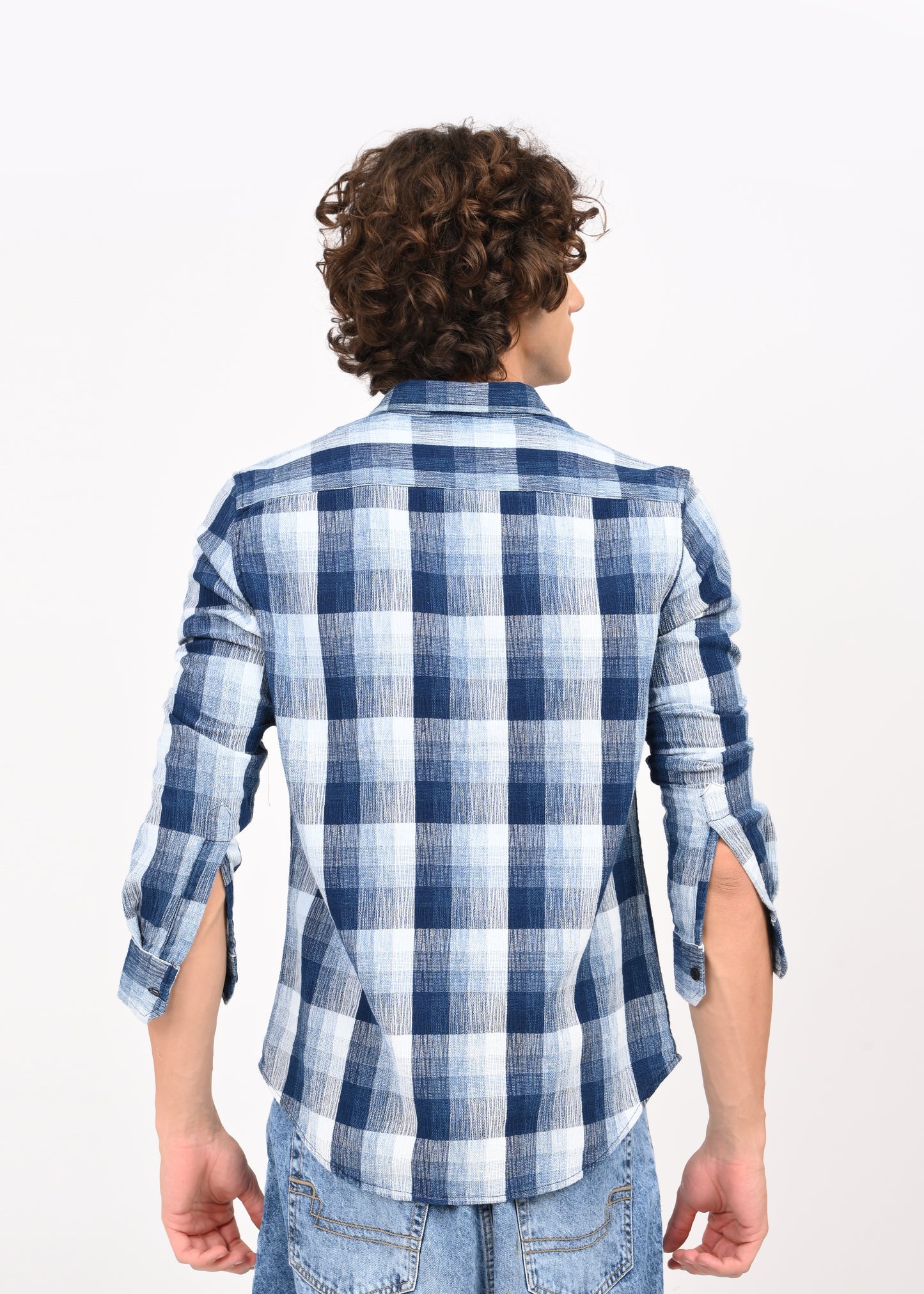 Textured Indigo Dobby Check Shirt Blue