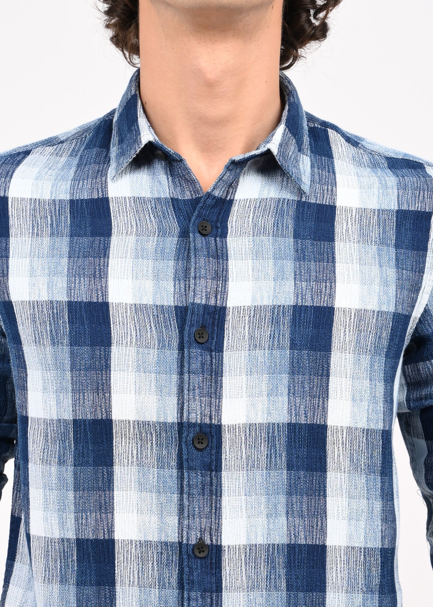 Textured Indigo Dobby Check Shirt Blue