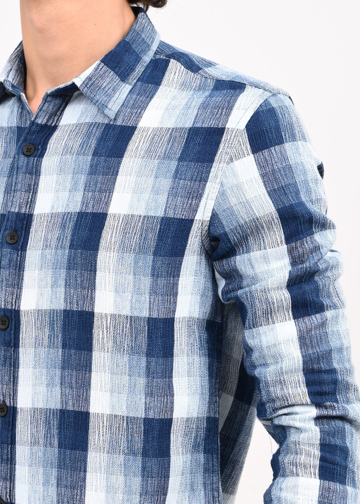 Textured Indigo Dobby Check Shirt Blue