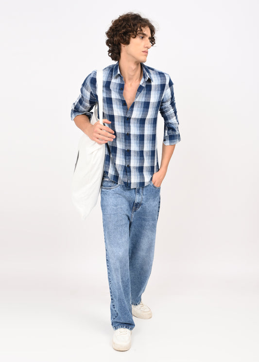 Textured Indigo Dobby Check Shirt Blue