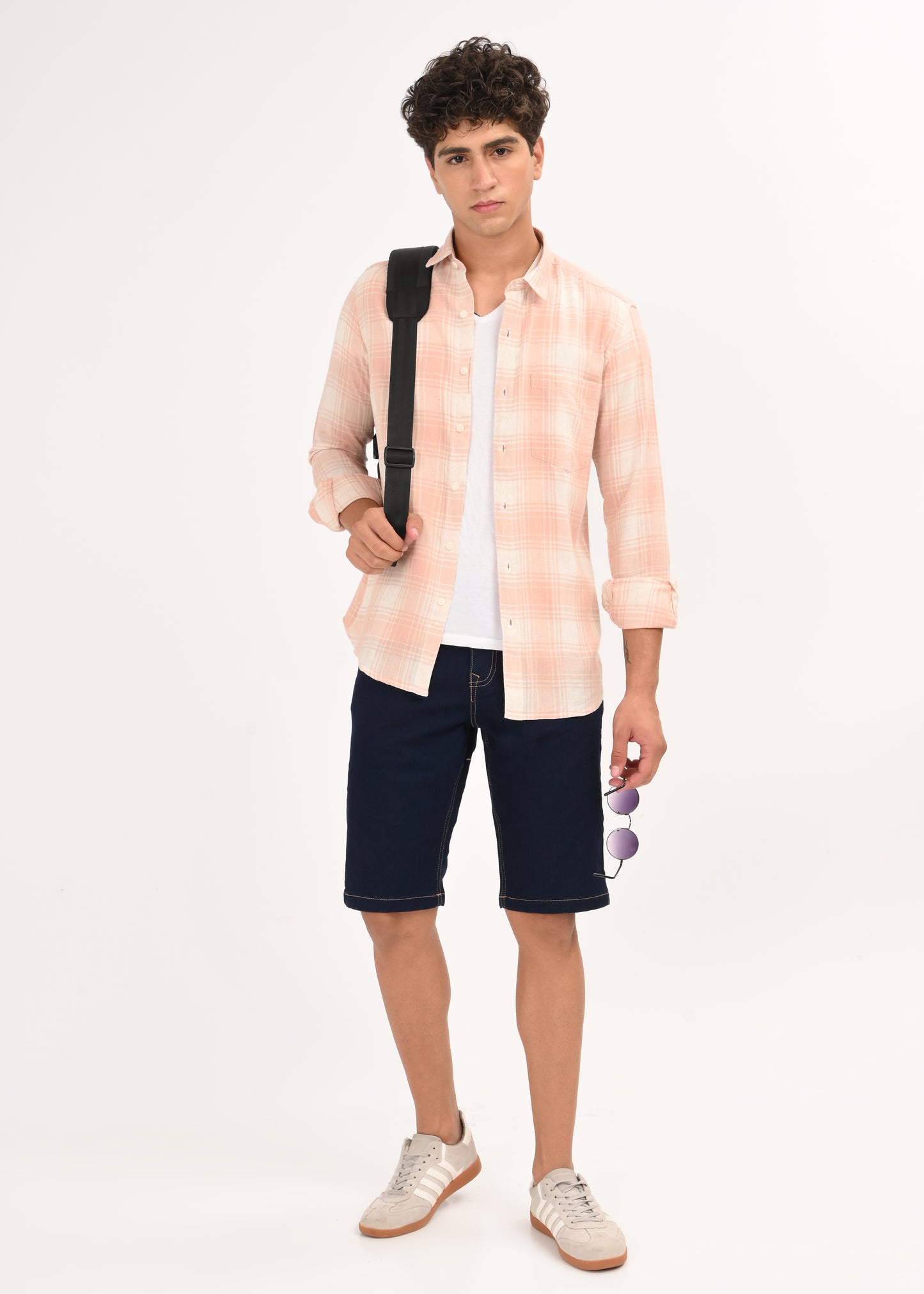 Linen-Cotton Check Shirt Peach