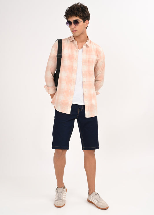 Linen-Cotton Check Shirt Peach