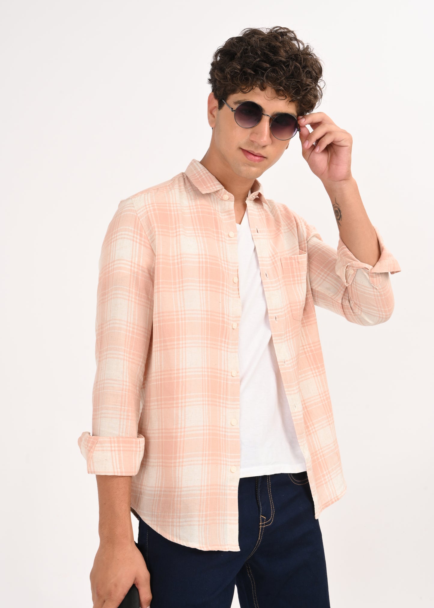 Linen-Cotton Check Shirt Peach