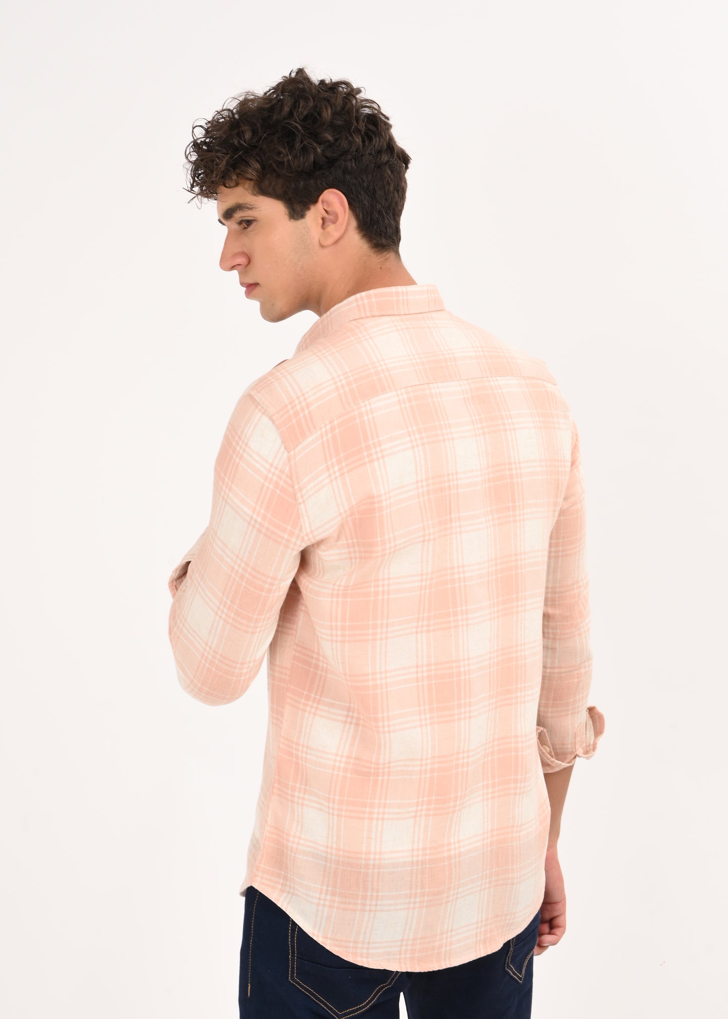 Linen-Cotton Check Shirt Peach