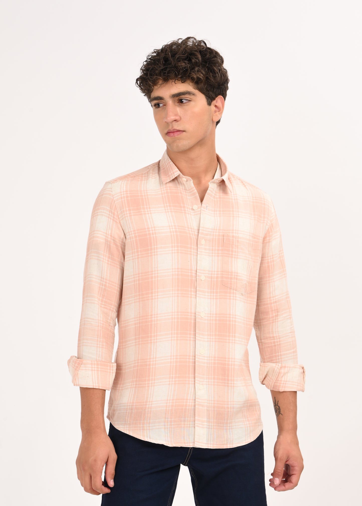 Linen-Cotton Check Shirt Peach