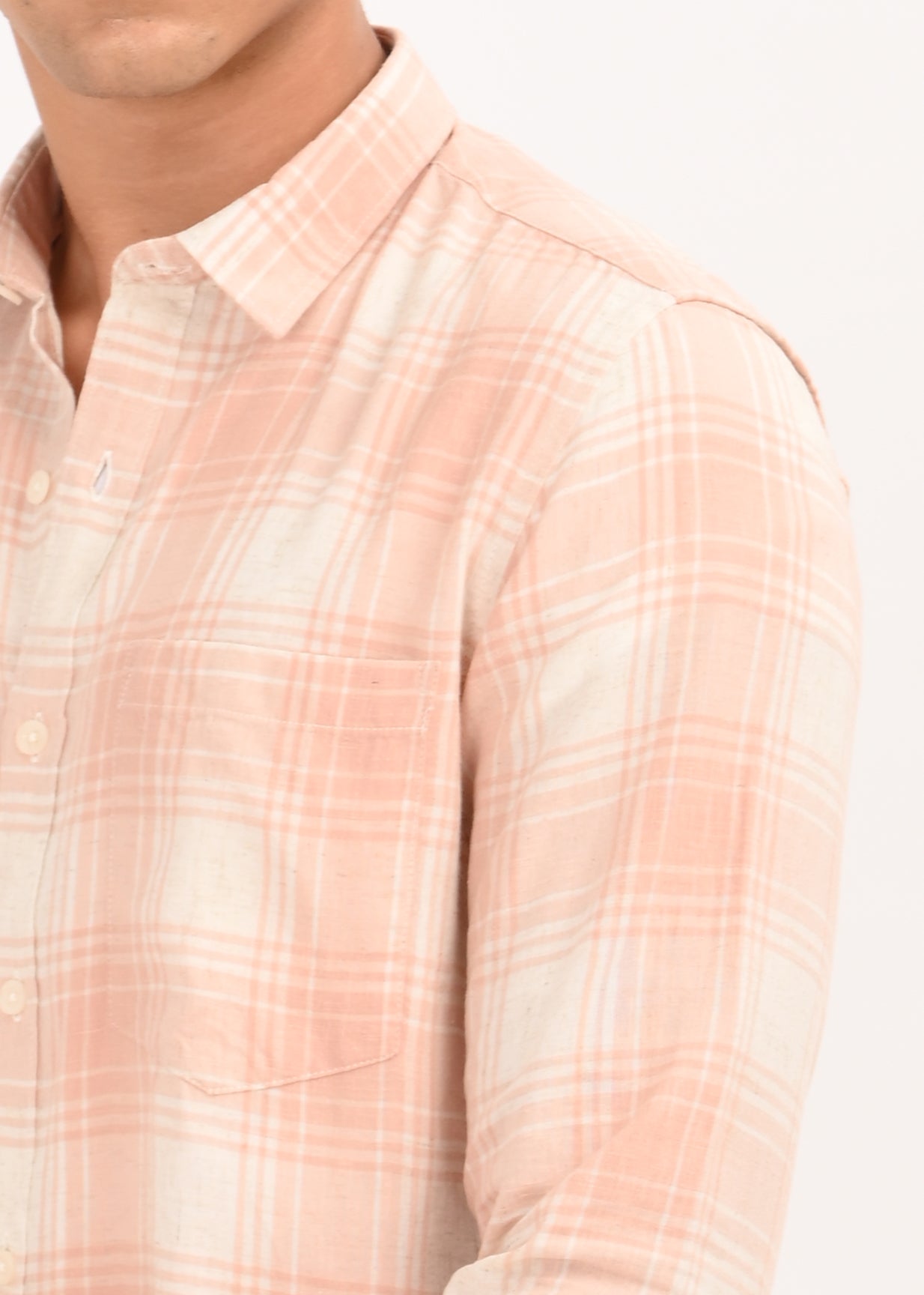 Linen-Cotton Check Shirt Peach