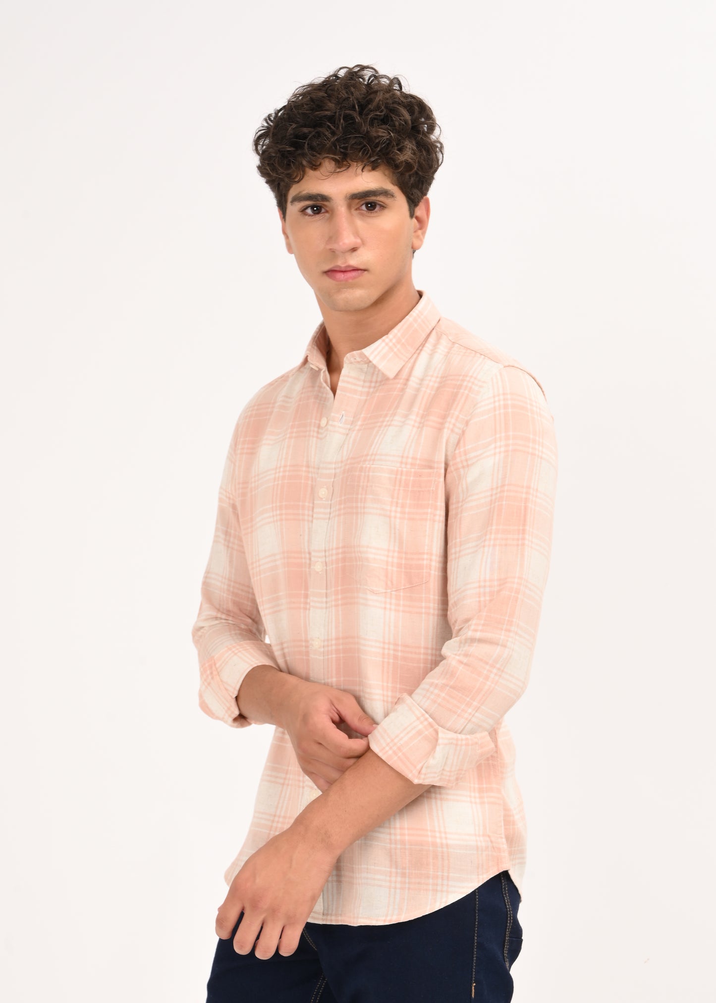 Linen-Cotton Check Shirt Peach