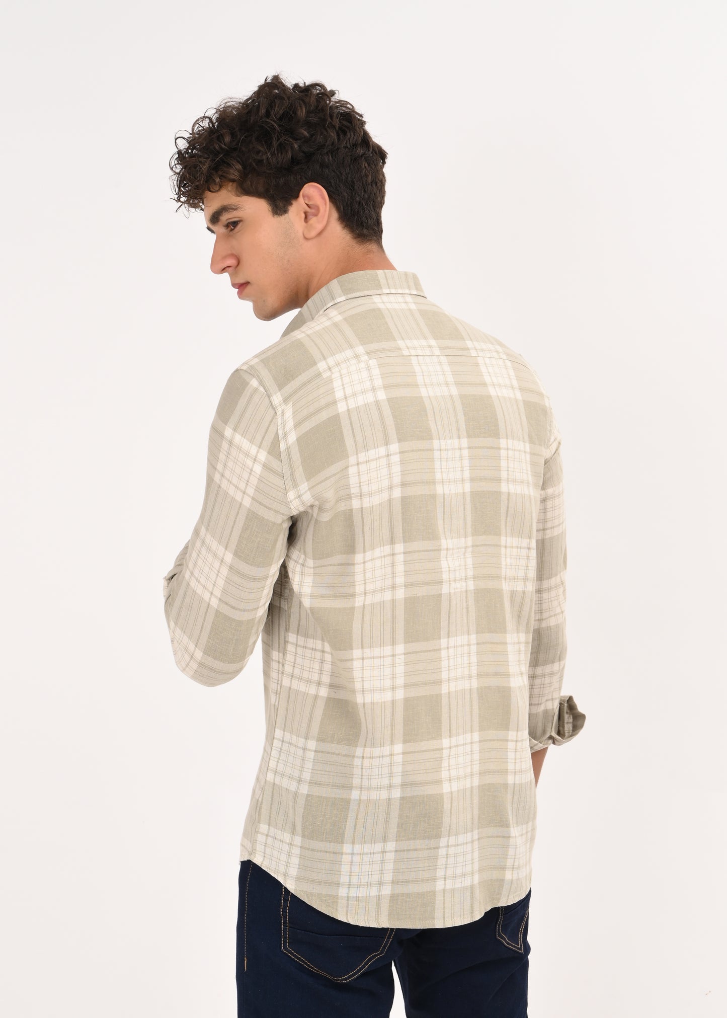 Linen-Cotton Check Shirt Lt Green
