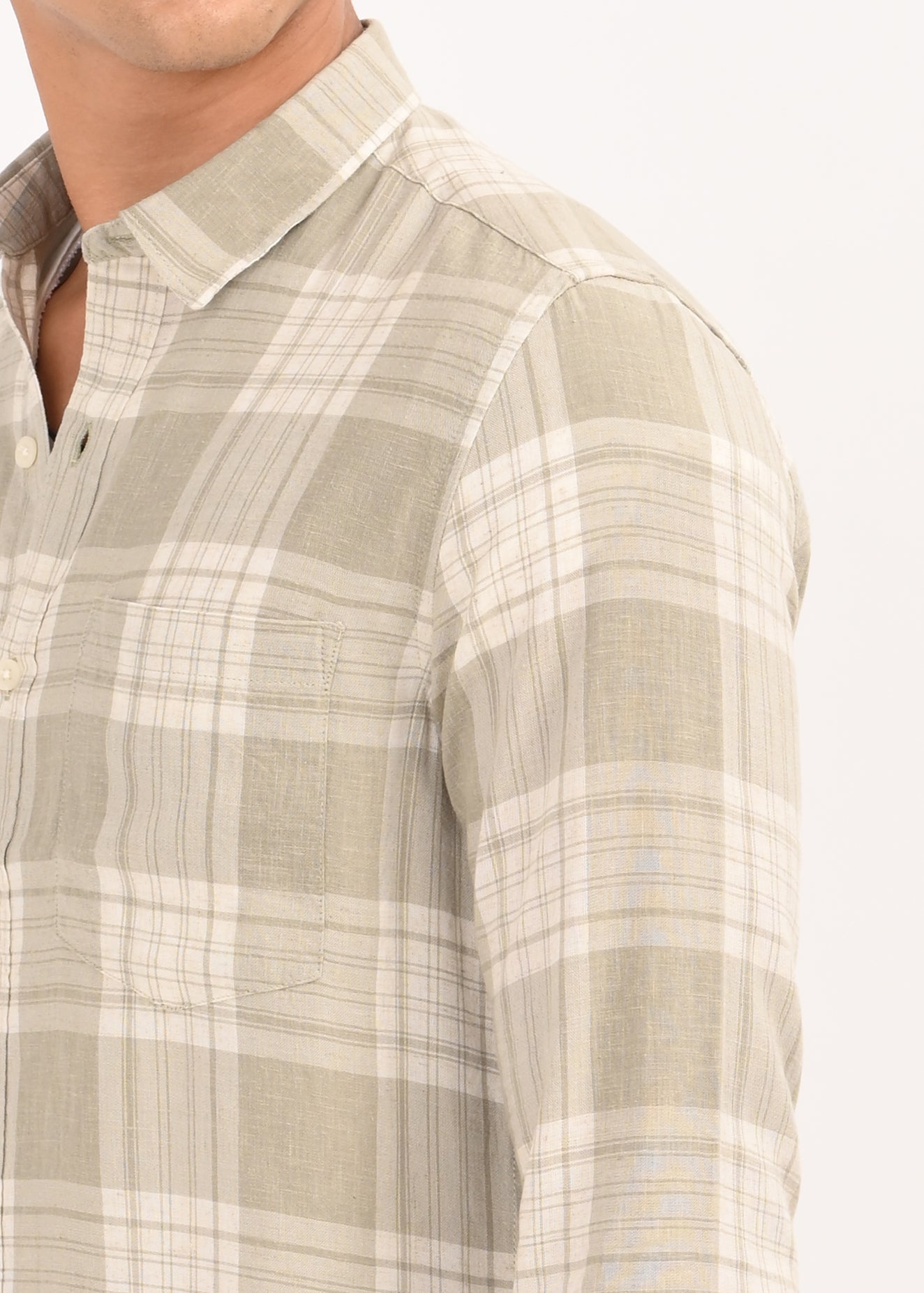 Linen-Cotton Check Shirt Lt Green