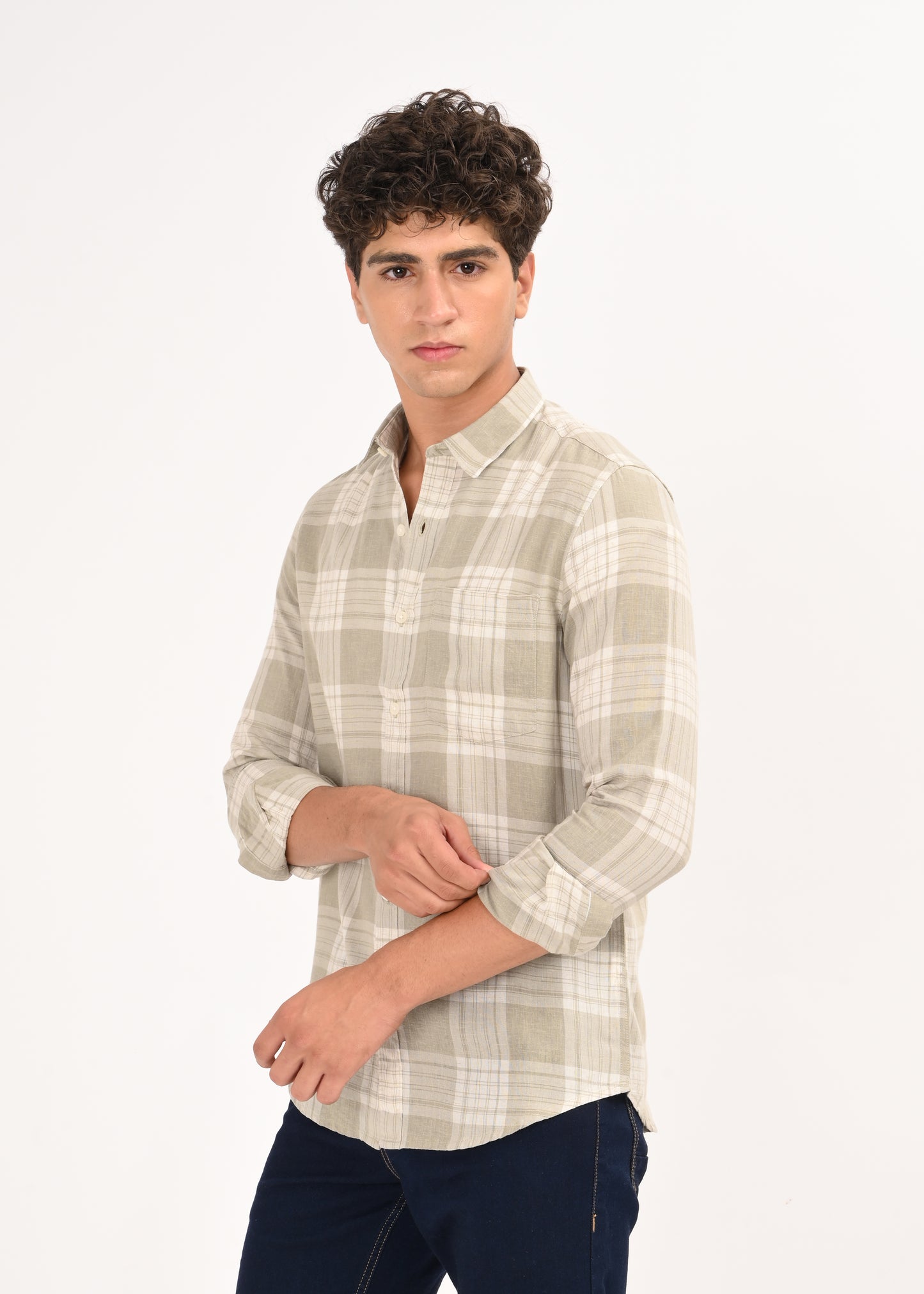 Linen-Cotton Check Shirt Lt Green