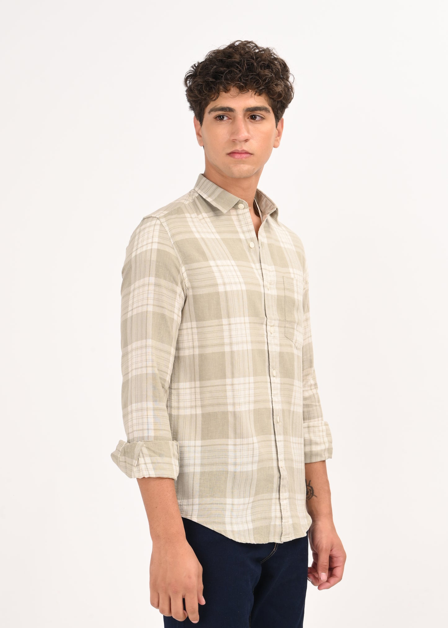 Linen-Cotton Check Shirt Lt Green