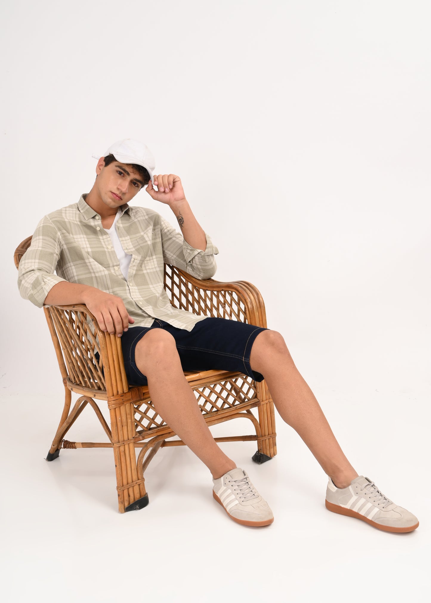 Linen-Cotton Check Shirt Lt Green