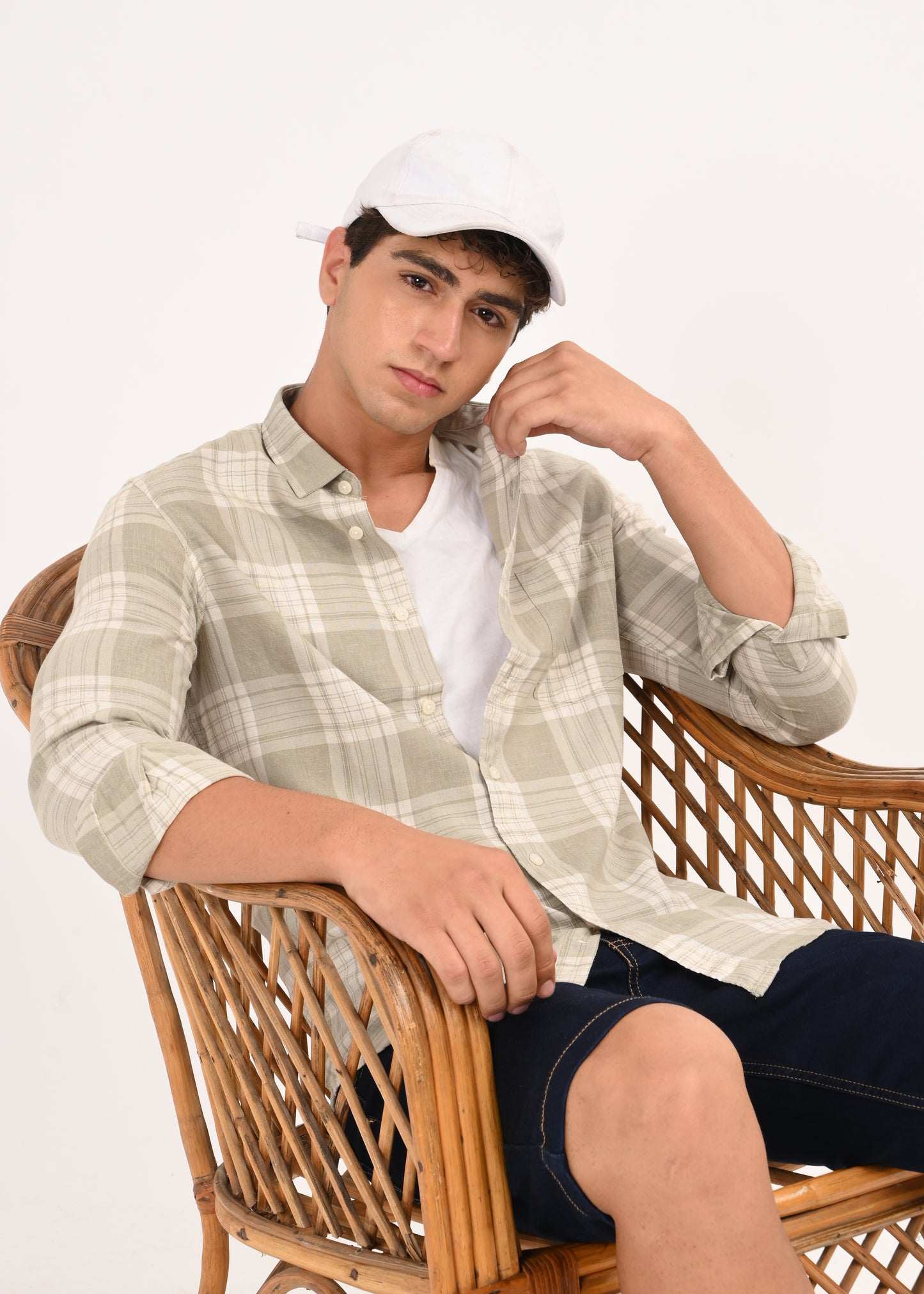 Linen-Cotton Check Shirt Lt Green