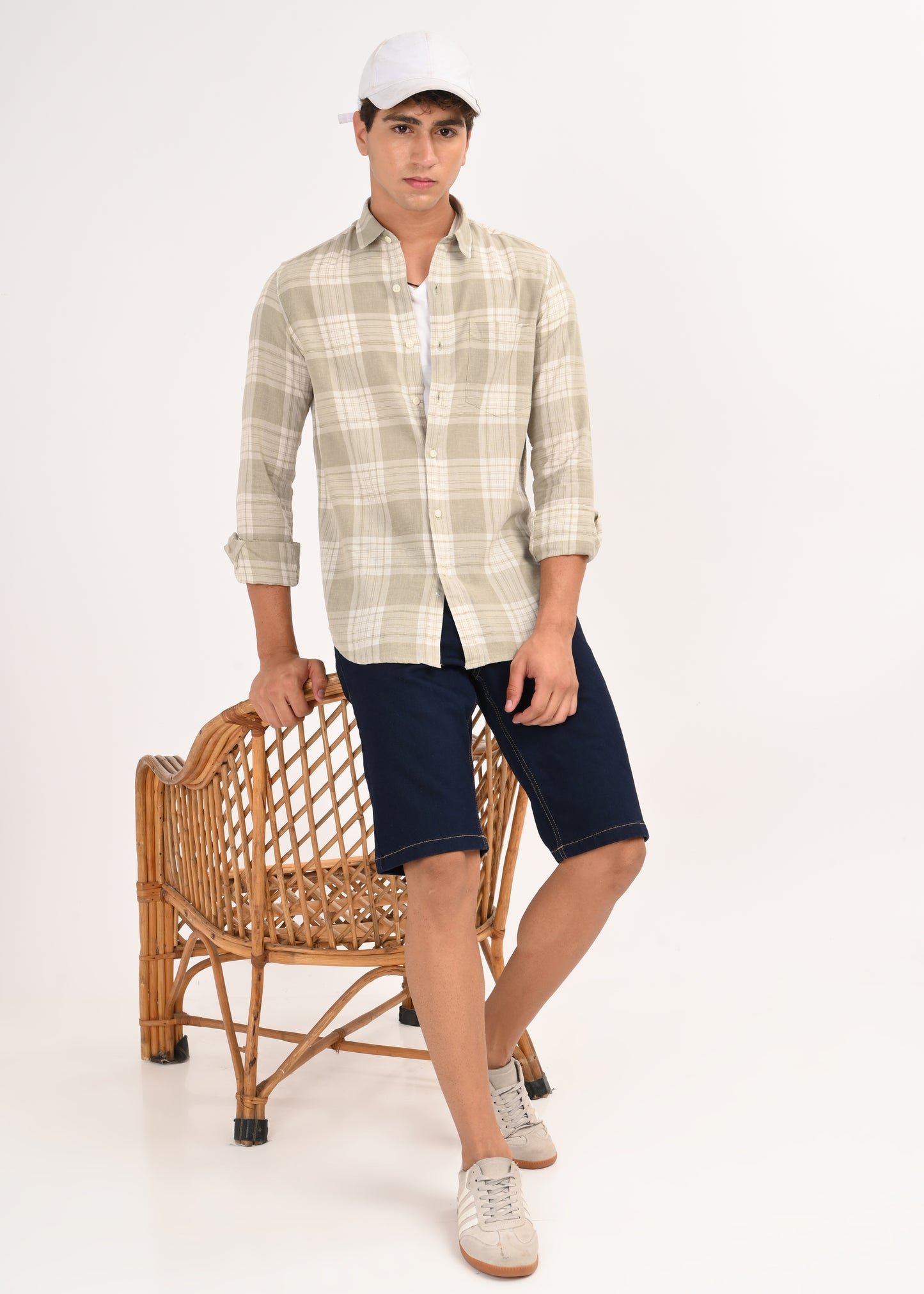 Linen-Cotton Check Shirt Lt Green