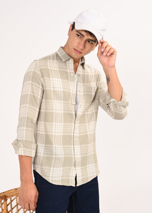 Linen-Cotton Check Shirt Lt Green