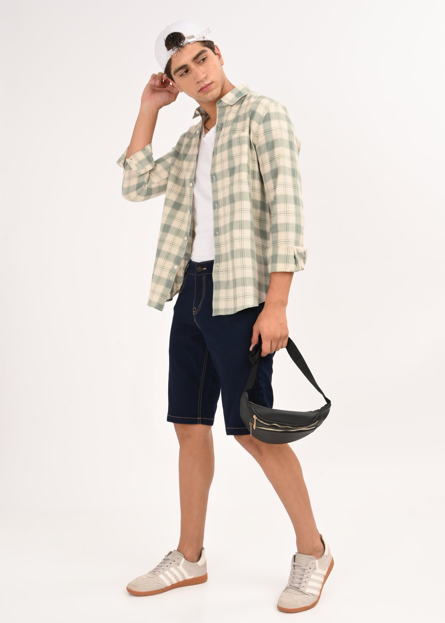 Linen-Cotton Check Shirt Green