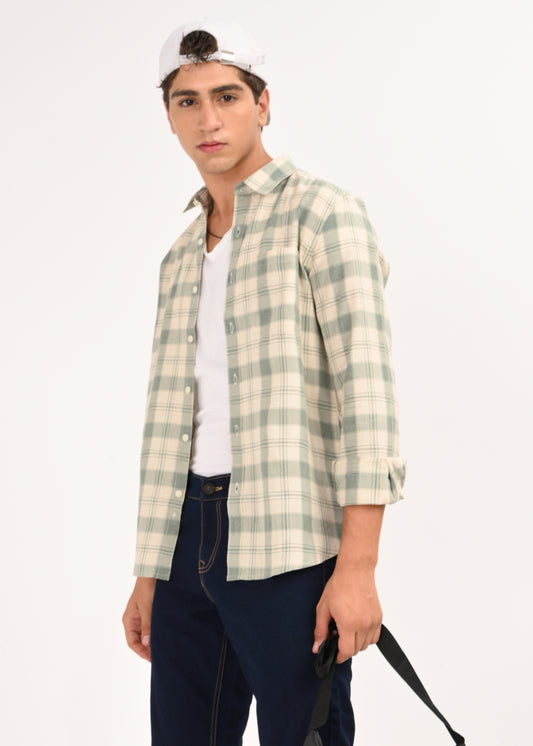 Linen-Cotton Check Shirt Green