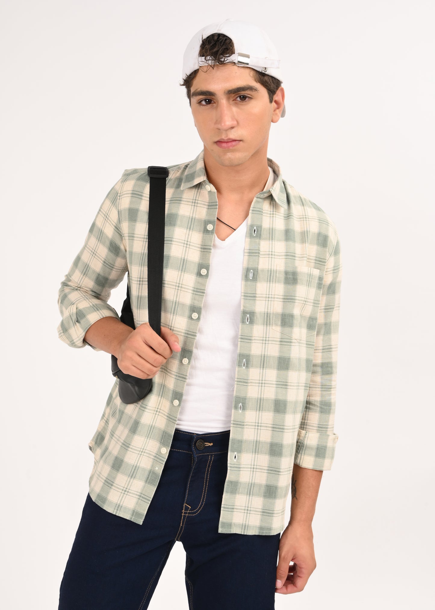Linen-Cotton Check Shirt Green