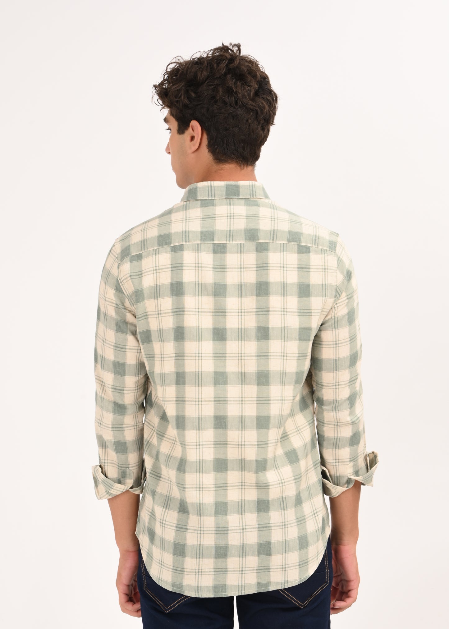 Linen-Cotton Check Shirt Green