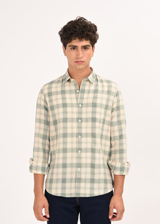 Linen-Cotton Check Shirt Green