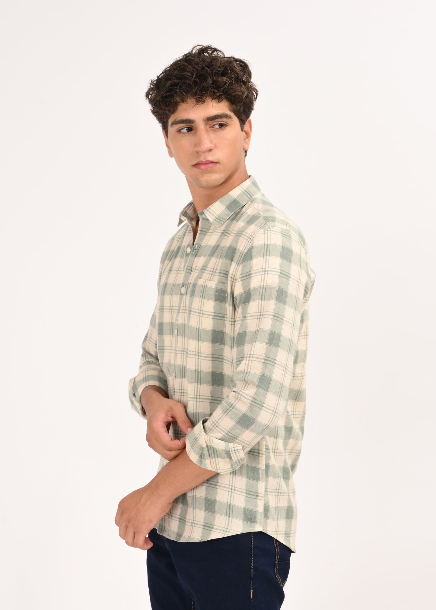 Linen-Cotton Check Shirt Green