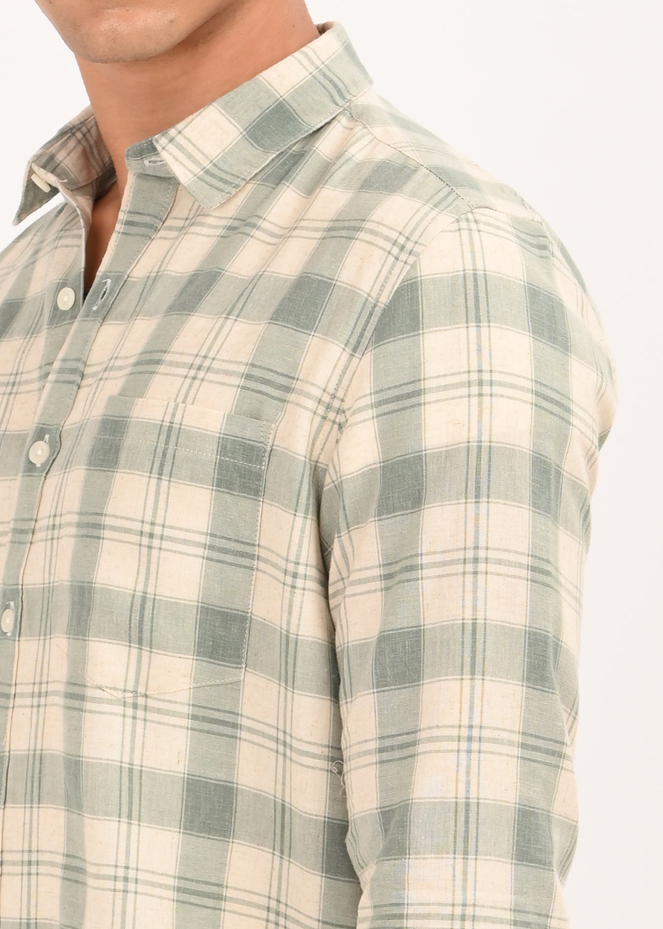 Linen-Cotton Check Shirt Green