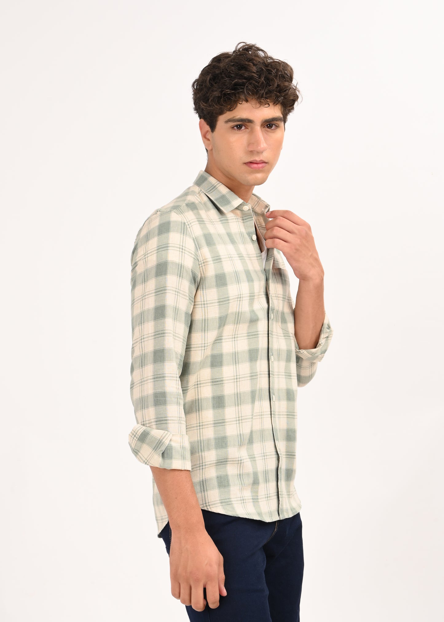 Linen-Cotton Check Shirt Green