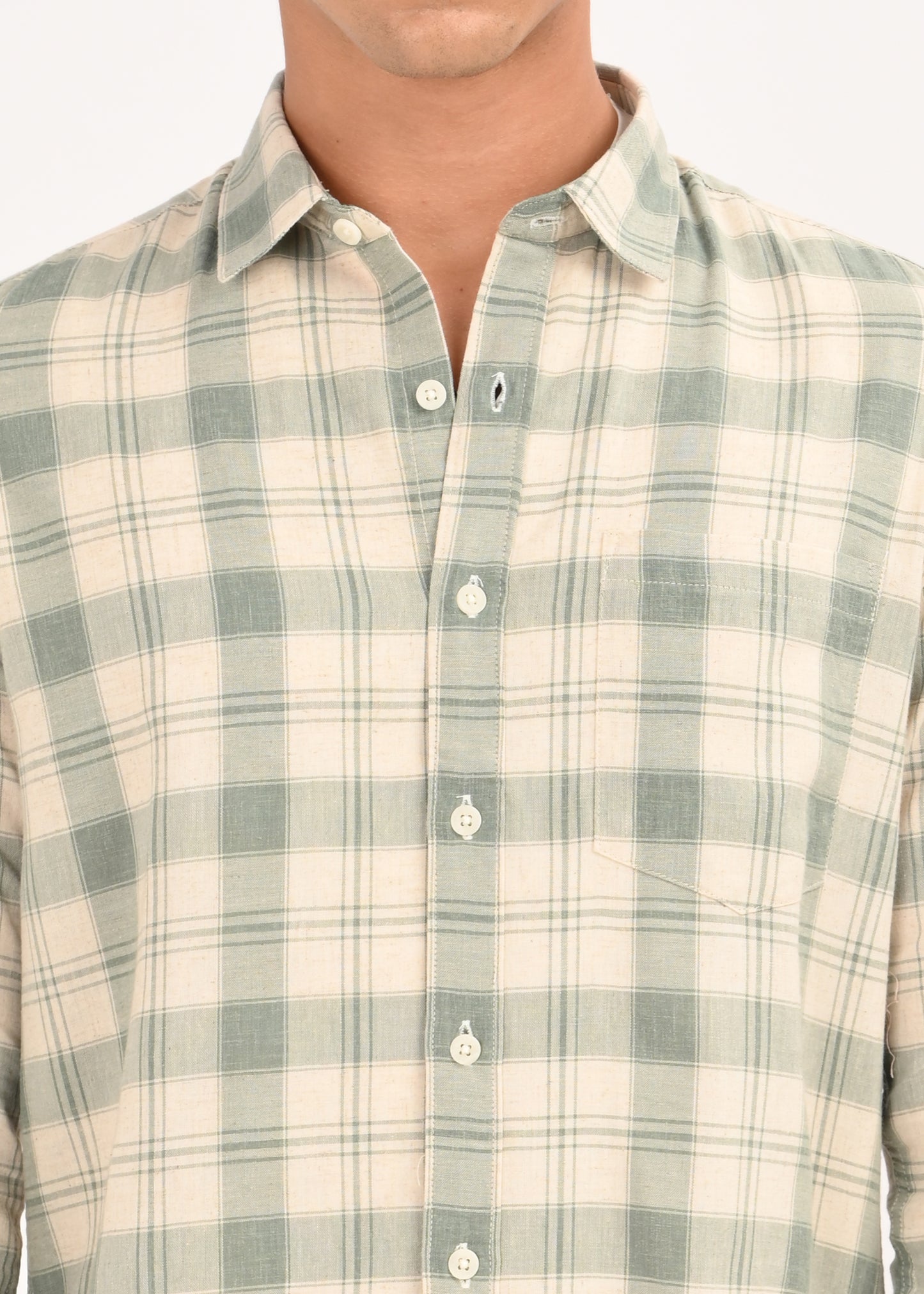 Linen-Cotton Check Shirt Green